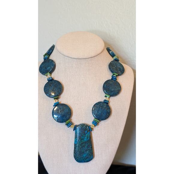 Chunky Heavy Blue Green Stone W/ Silver Toggle Clasp 20" Necklace - Picture 8 of 9